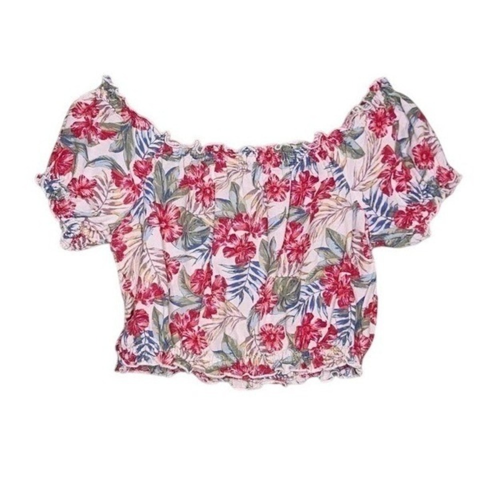 American Eagle‎ Off Shoulder Crop Top Red Floral Puff Sleeve Boho Cottage XS
